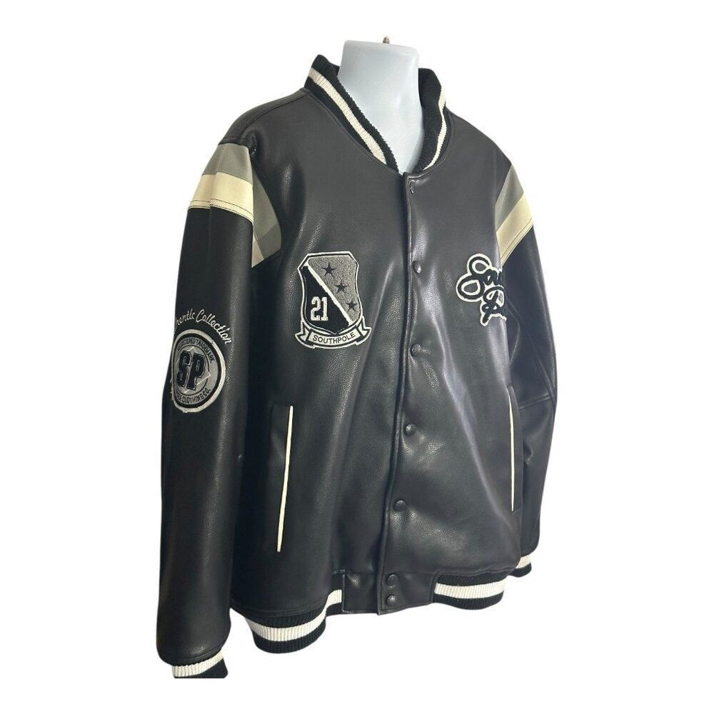 Southpole Varsity‎ Bomber Jacket Mens XL Black Excellent Faux Leather Streetwear